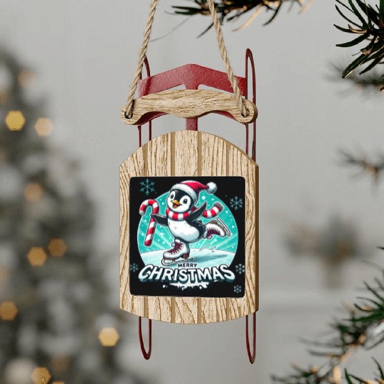 Penguin Ice Skating Christmas Fun Sled Ornaments