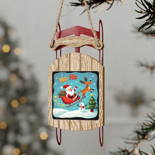 Santa Clause waving " HO-HO" Sled Ornaments