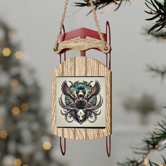 Mallard duck flying over deer skull in marsh Sled Ornaments