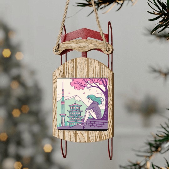 "Peaceful Anime Vibes: Girl Relaxing with Sakura Sled Ornaments