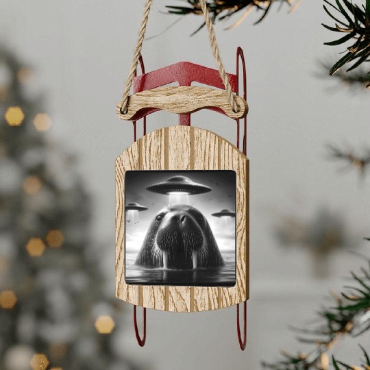 Walrus Sea lion Funny Graphic Selfie with UFOs Wei Sled Ornaments