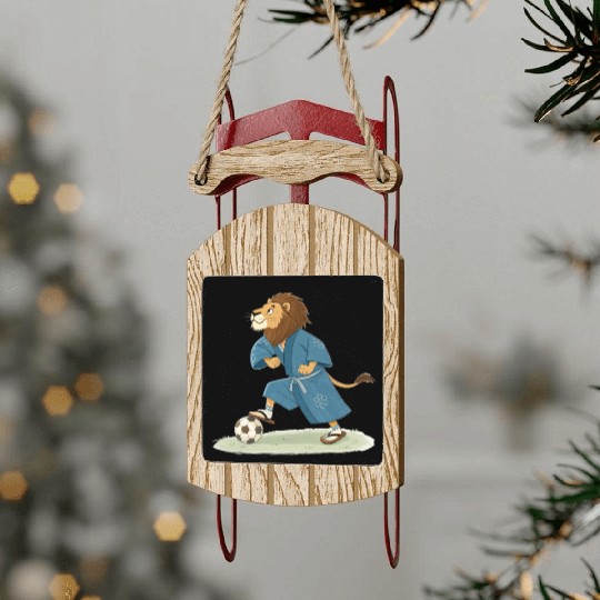 Lion playing soccer in karate kimono Sled Ornaments