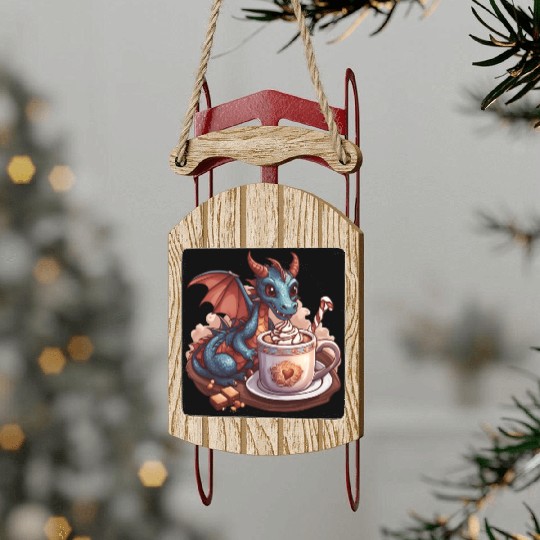 Cozy Dragon and Hot Chocolate Delight Sled Ornaments