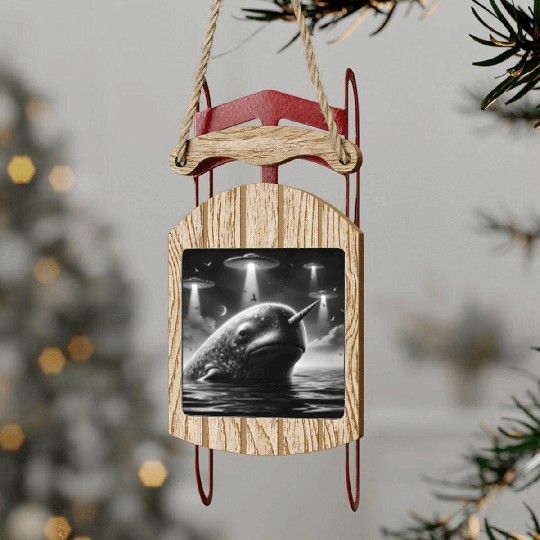 Narwhal Funny Graphic Selfie with UFOs Weird Alien Sled Ornaments
