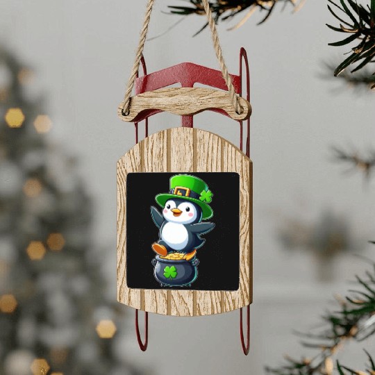St. Patrick's Day penguin top hat clover Sled Ornaments