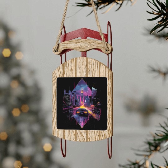 Retro Car Vaporwave City Synthwave 80s 90s Sled Ornaments