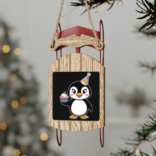 Birthday Joyful Penguin With Cupcake Sled Ornaments