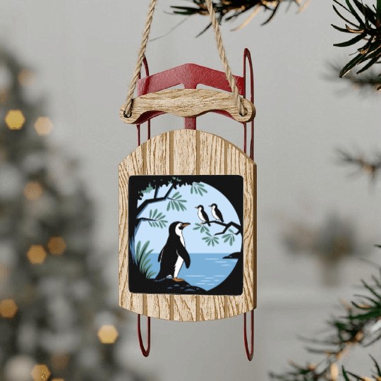 Birdwatching Penguins Nature Scene Sled Ornaments