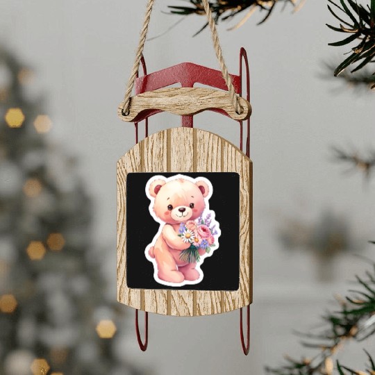 Teddy bear with bouquet of flowers Sled Ornaments