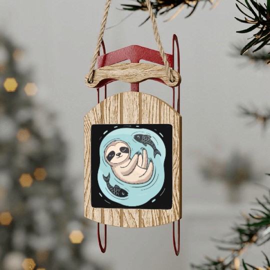Pisces Zodiac Sloth Relaxing with Fish Dreams Sled Ornaments