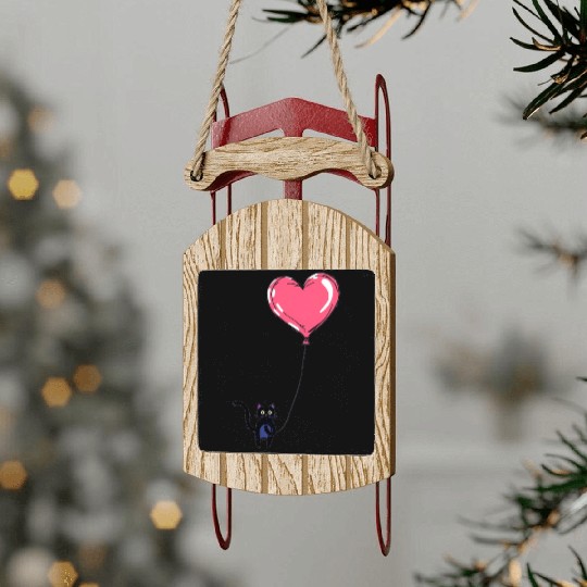 Cat Holding a Heart-Shaped Balloon Sled Ornaments