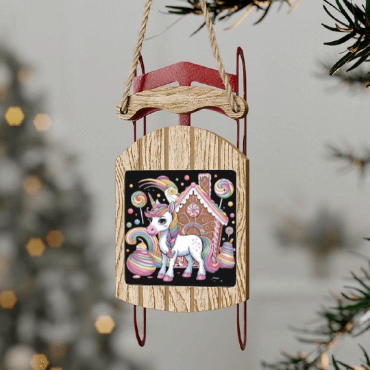 Candy Unicorn and Gingerbread House Wonderland Sled Ornaments
