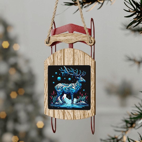Majestic Blue Deer in Enchanted Forest Sled Ornaments