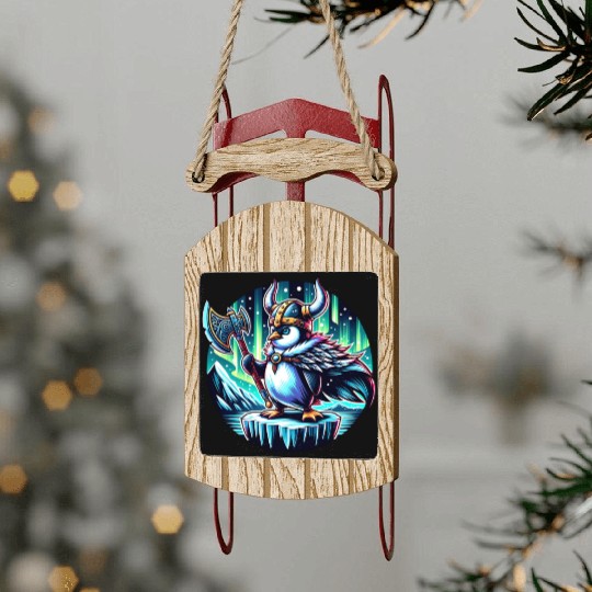 Viking Penguin with Axe Under Northern Lights Sled Ornaments