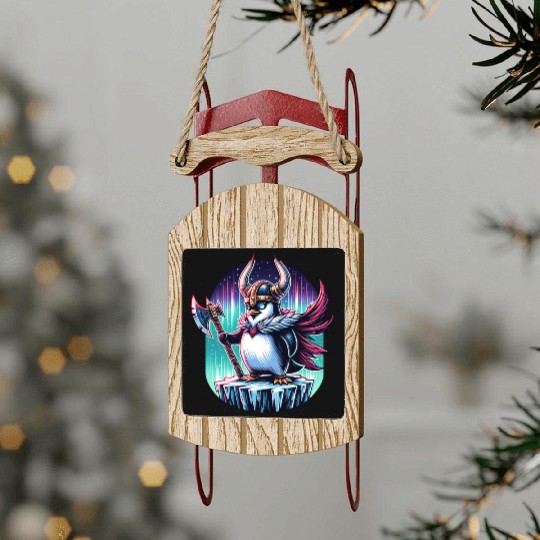 Viking Penguin Warrior Under Northern Lights Sled Ornaments