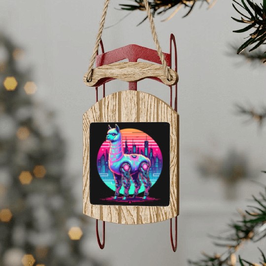 Futuristic Cyber Llama in Neon Cityscape Sled Ornaments
