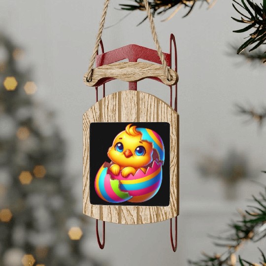 Cute Chick Cartoon Colorful Easter Egg Hatching Sled Ornaments