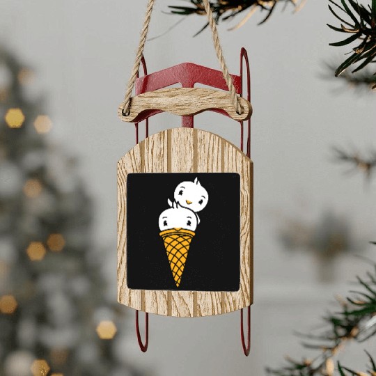 Two Birds Ice Cream Waffle Scoops Greeting Waving Sled Ornaments