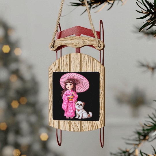 Kimono Girl & Her Loyal Pup Sled Ornaments