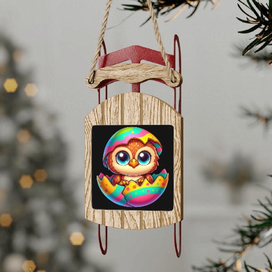 Cute Owl Easter Egg Cartoon Hatching Colorful Sled Ornaments