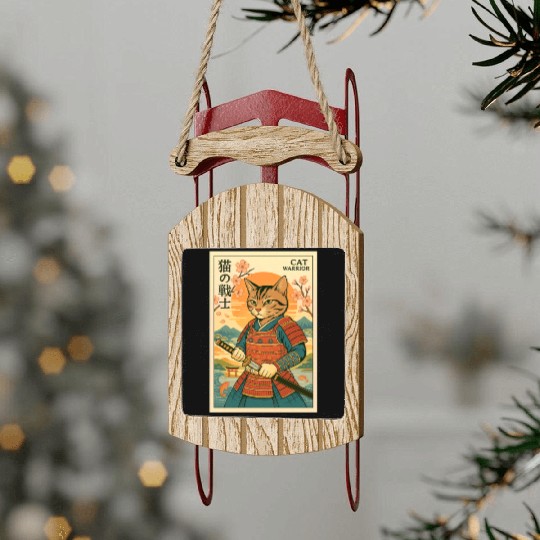 Samurai Cat in Traditional Armor Art Sled Ornaments