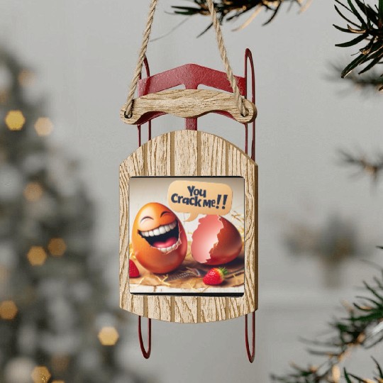A cracked Easter egg laughing with the caption Sled Ornaments