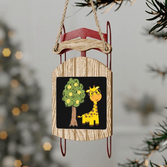 Funny giraffe and tree drawing Sled Ornaments