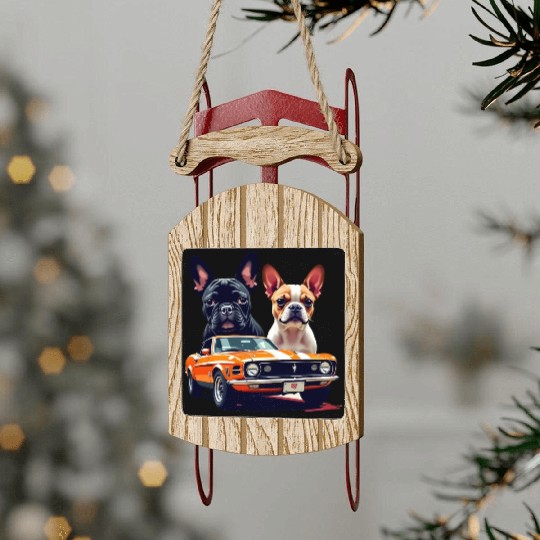 French Bulldogs with Classic Muscle Car – Retro Vi Sled Ornaments