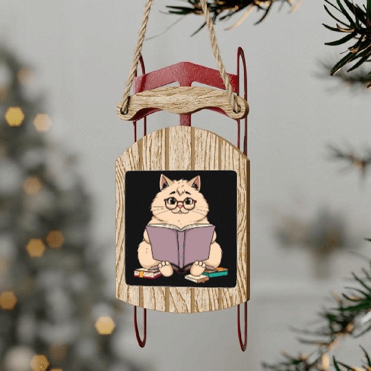 Bookish Cat with a Cup of Tea – Reading Companion Sled Ornaments