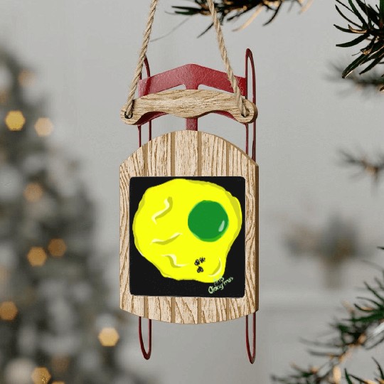 Yellow and green fried egg and flies Sled Ornaments