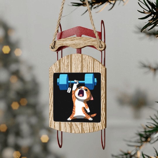 Workout Strength! Tiny Warrior Cat Huge Muscles. Sled Ornaments