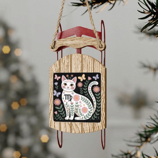 Virgo Zodiac Cat with Daisies Sled Ornaments