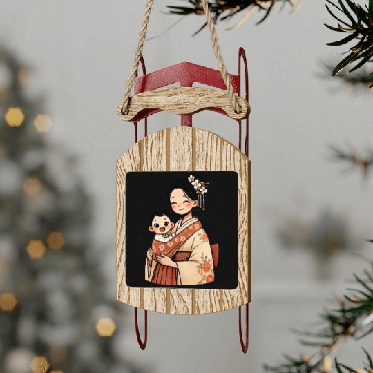 Elegant Asian Woman in Kimono Holding Baby Sled Ornaments