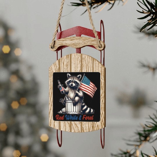 Red White and Feral Raccoon 4th July Sled Ornaments