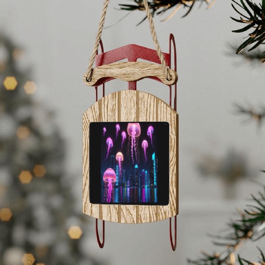 Neon Jellyfish Over Cyber City Sled Ornaments