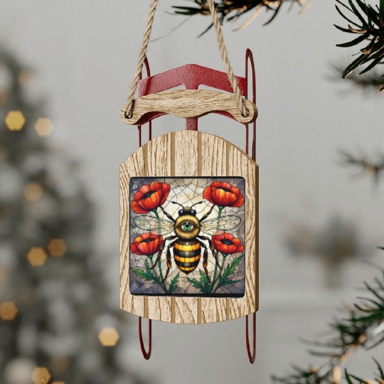 Bumble bee stained glass vibrant poppy flower eye Sled Ornaments