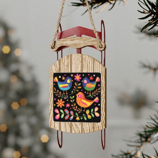 Mexican Folk Art, Colorful Birds and Flowers Sled Ornaments