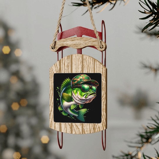 Camo Hat Bass Fish with Green Sunglasses Sled Ornaments