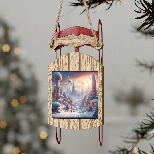 Futuristic Snowy Cityscape with Floating Balloons Sled Ornaments