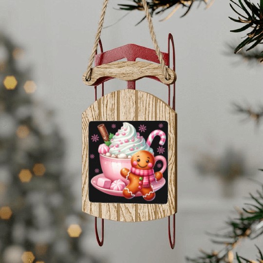 Whimsical Holiday Hot Chocolate Scene Sled Ornaments
