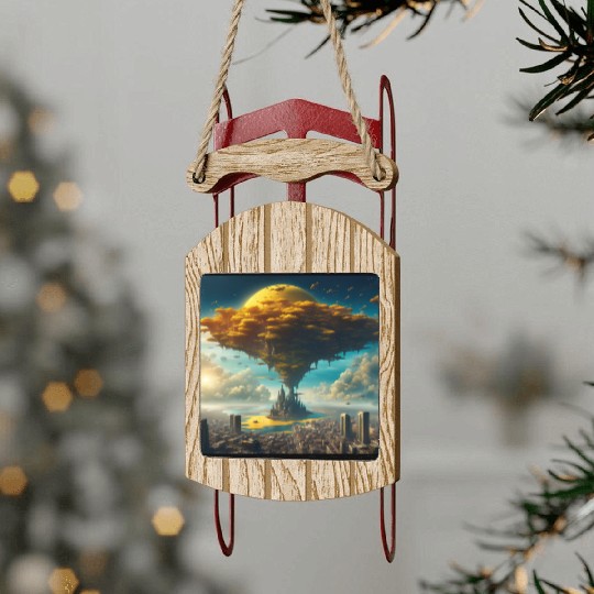 Sci-Fi Alien City: Floating Planet Twilight Scene Sled Ornaments