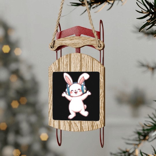 Joyful Bunny with Headphones Sled Ornaments
