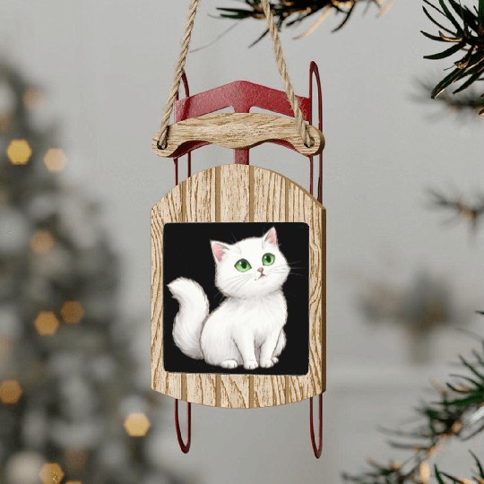 Elegant White Cat with Green Eyes Sled Ornaments
