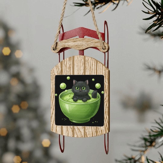 Black Cat in Green Tea Bubble Bath Sled Ornaments
