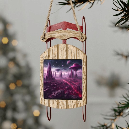 Sci-Fi Future World And Alien City in Neon Pink Sled Ornaments