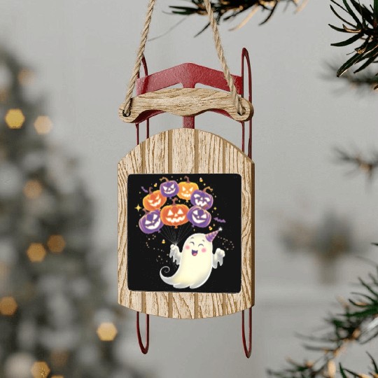 Halloween Ghost with Jack-o'-Lantern Balloons Sled Ornaments