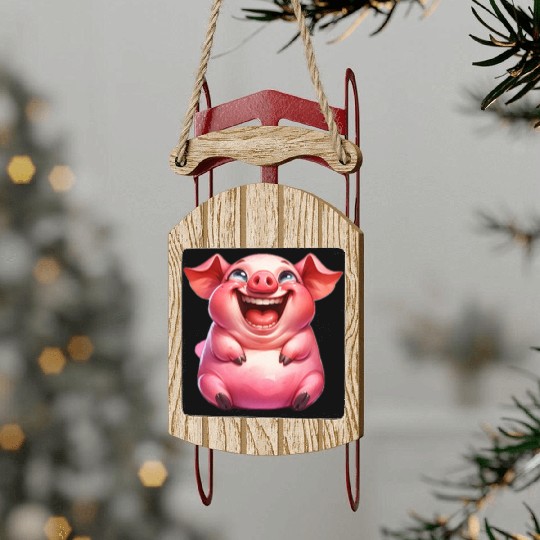 Joyful Cartoon Pig Illustration Sled Ornaments