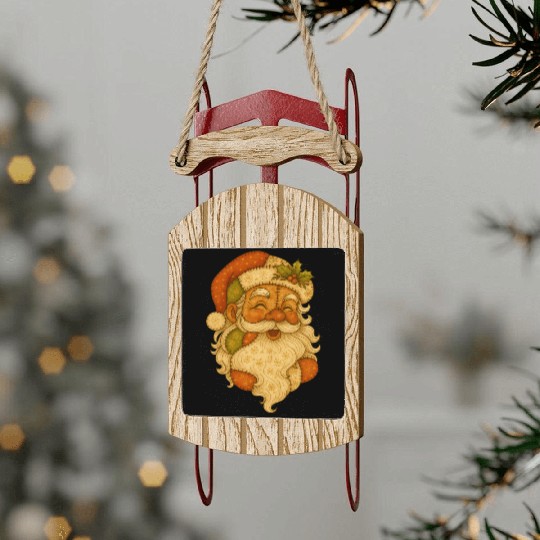 Patchwork Santa Face Vintage Christmas Folk Art Sled Ornaments