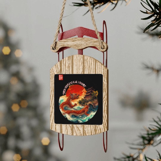Japanese Dragon and Pagoda Sunset Art Sled Ornaments