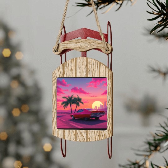 Neon Drift Sunset on the Synthwave Highway Sled Ornaments